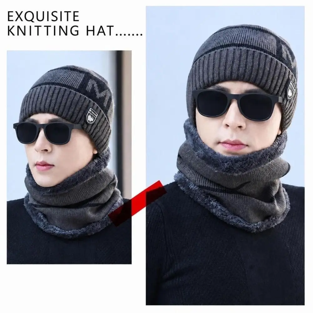 Lined Knitted Beanie Set Thermal Insulated Windproof Neck Warmer Set M Letter Pattern Stretch Knit Hat Scarf Combo Winter Season