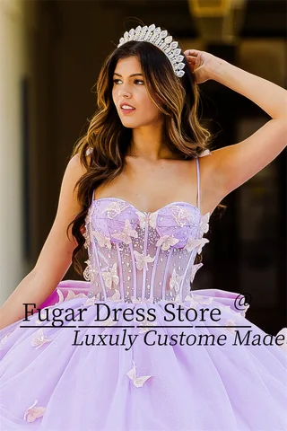 2025 Lila Prinsessa Balklänningar Quinceanera Klänningar 3D Fjärilsdekal Långärmad Transparent Tight Korsett Vestidos De XV Ano 10 best sales lila balklänning - №6