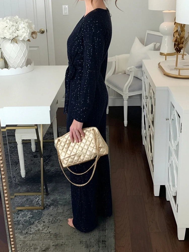 

Элегантный женский комбинезон с высокой талией, шнуровкой, пайетками, V-образным вырезом, длинными рукавами, однотонный, с широкими штанинами, для повседневной носки