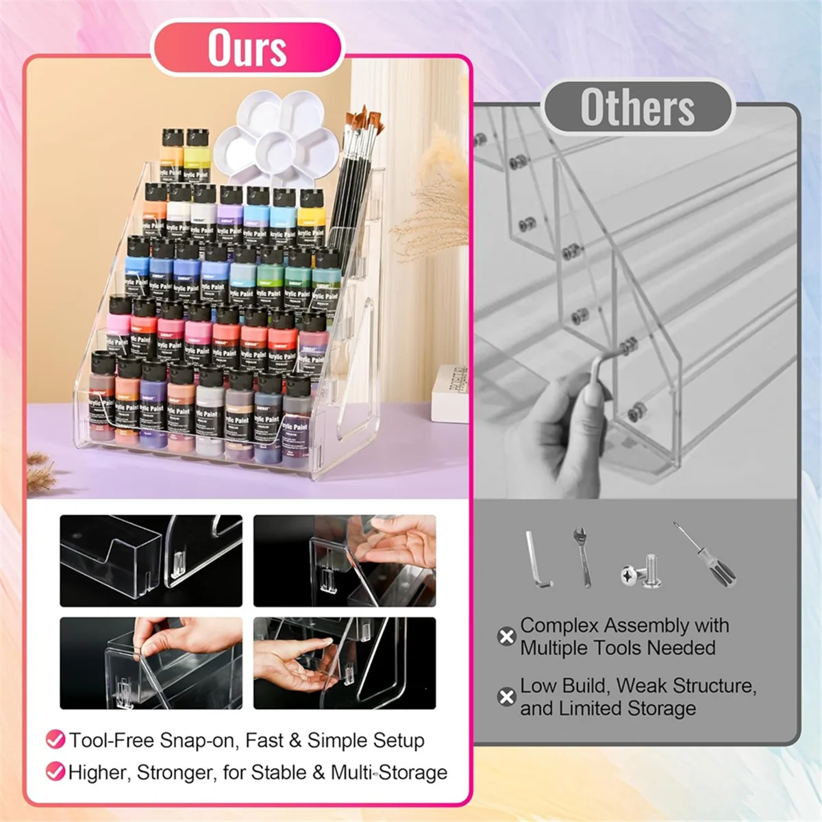 

AA98 5-Tier Acrylic Paint Organizer-Clear Storage Rack for Paints& Art Supplies,Elevated Design for Versatile Storage