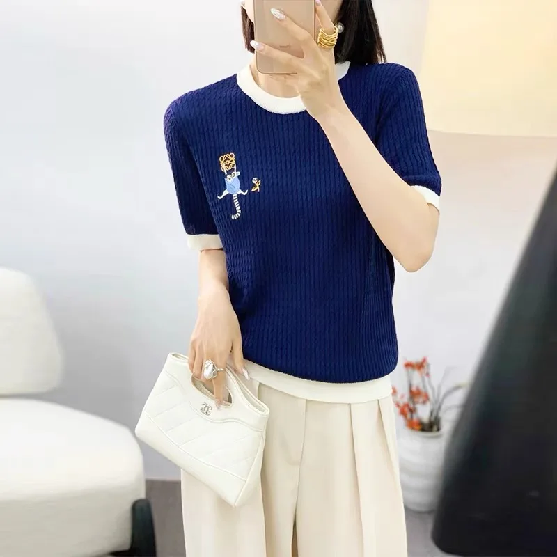 Mulheres de malha camisetas camisola verão dos desenhos animados bordado manga curta camisetas topos moda casual solto senhoras jumpers malhas