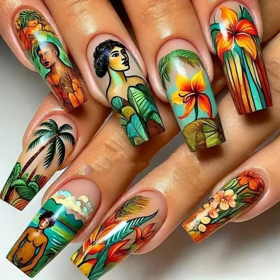 

24Pcs Tropical Palm Tree Press On Nails, Long Full Cover, Reusable Easy Apply, For Daily Party