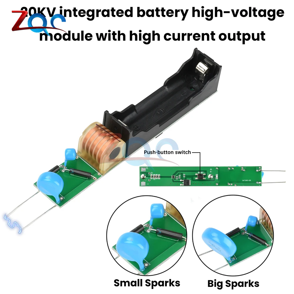 Módulo de alta tensão integrado de bateria dc3.7v 20kv, bobina de descarga, gerador de arco de circuito de impulso, fonte de alimentação de bateria de lítio 18650