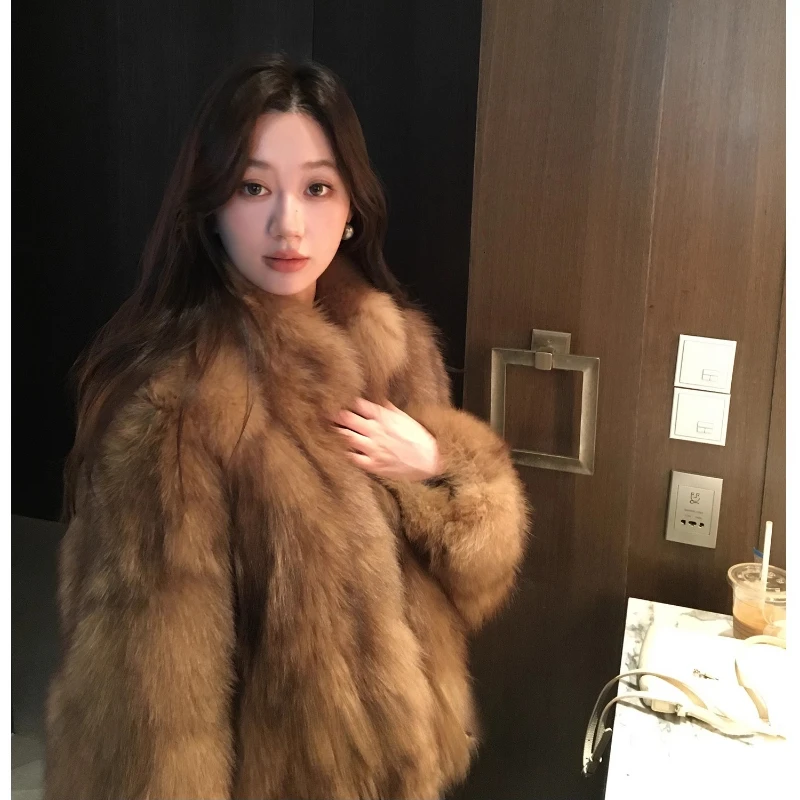 욜란페어리 천연 여우털 재킷 여성 스탠드 칼라 겨울 고급 따뜻함 패션 젊은 여성용 짧은 리얼 여우털 코트 2025