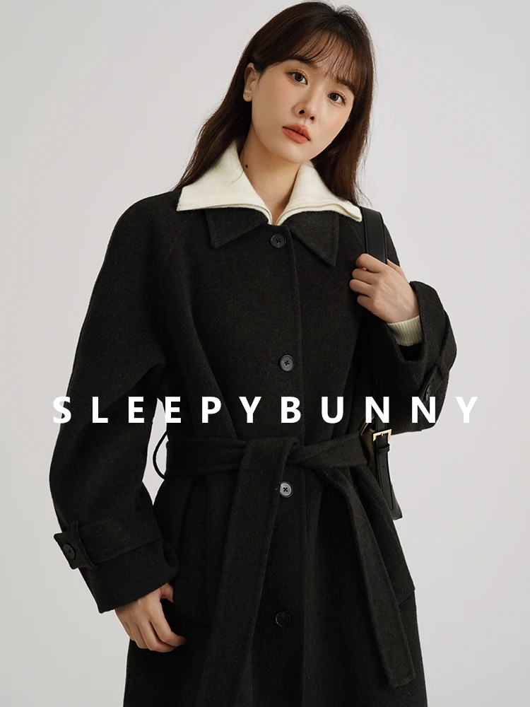 

Vintage Notched Collar Belted Wool Long sleeve Coat Women Mid-Length Windproof Warm Chic Overcoat for Autumn and Winter Style