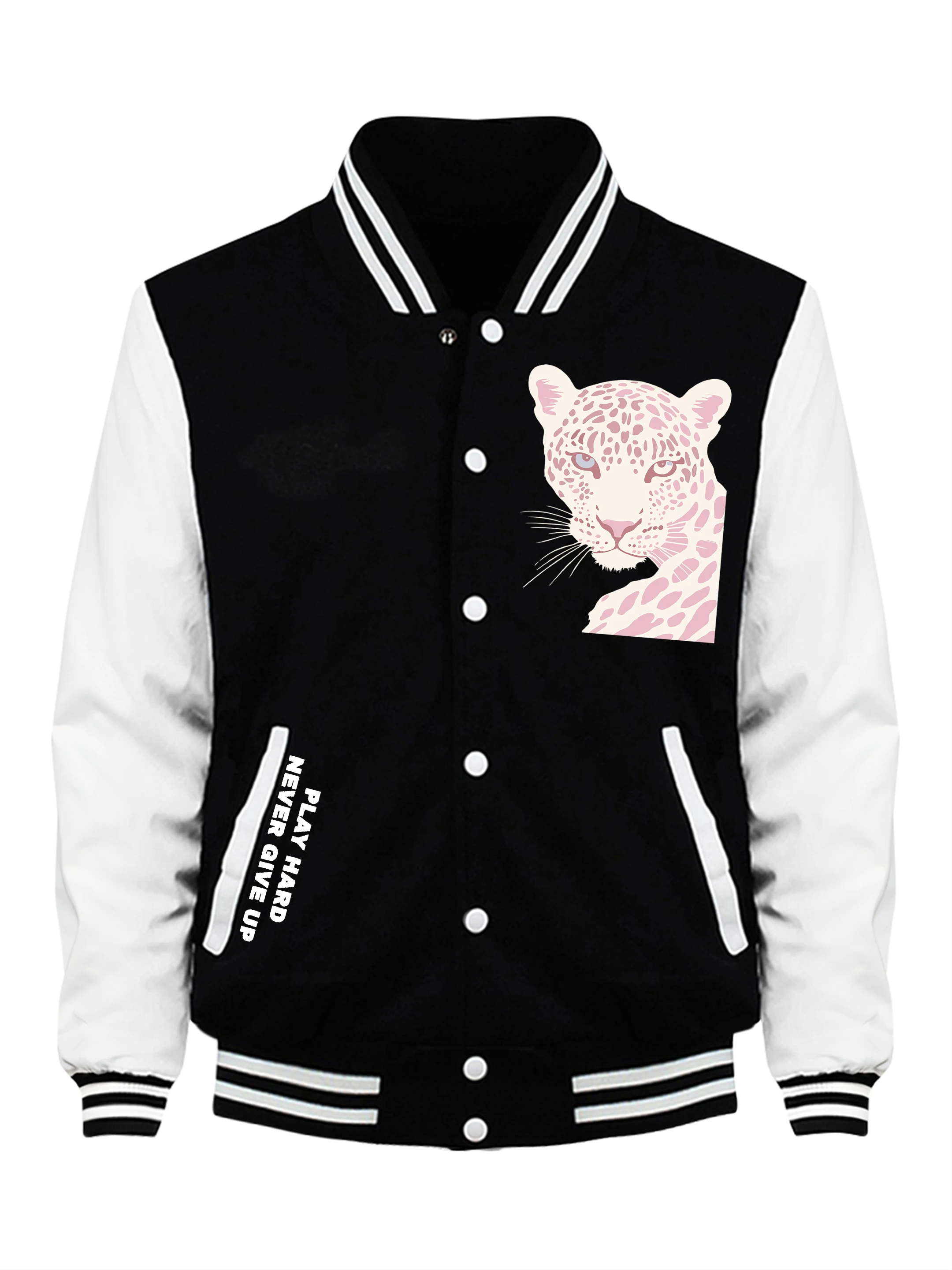 

Never Give Up Like A Cheetah Print Men Jackets Harajuku Baseball Jersey Fleece Loose Colour Clothing Autumn Warm Vintage Top