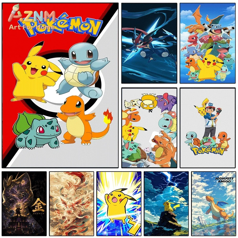 Anime Pokemon Starters Group Canvas Wall Art, Classic Pocket Monster Cartoon Frameless Canvas Painting for Kids Bedroom Living