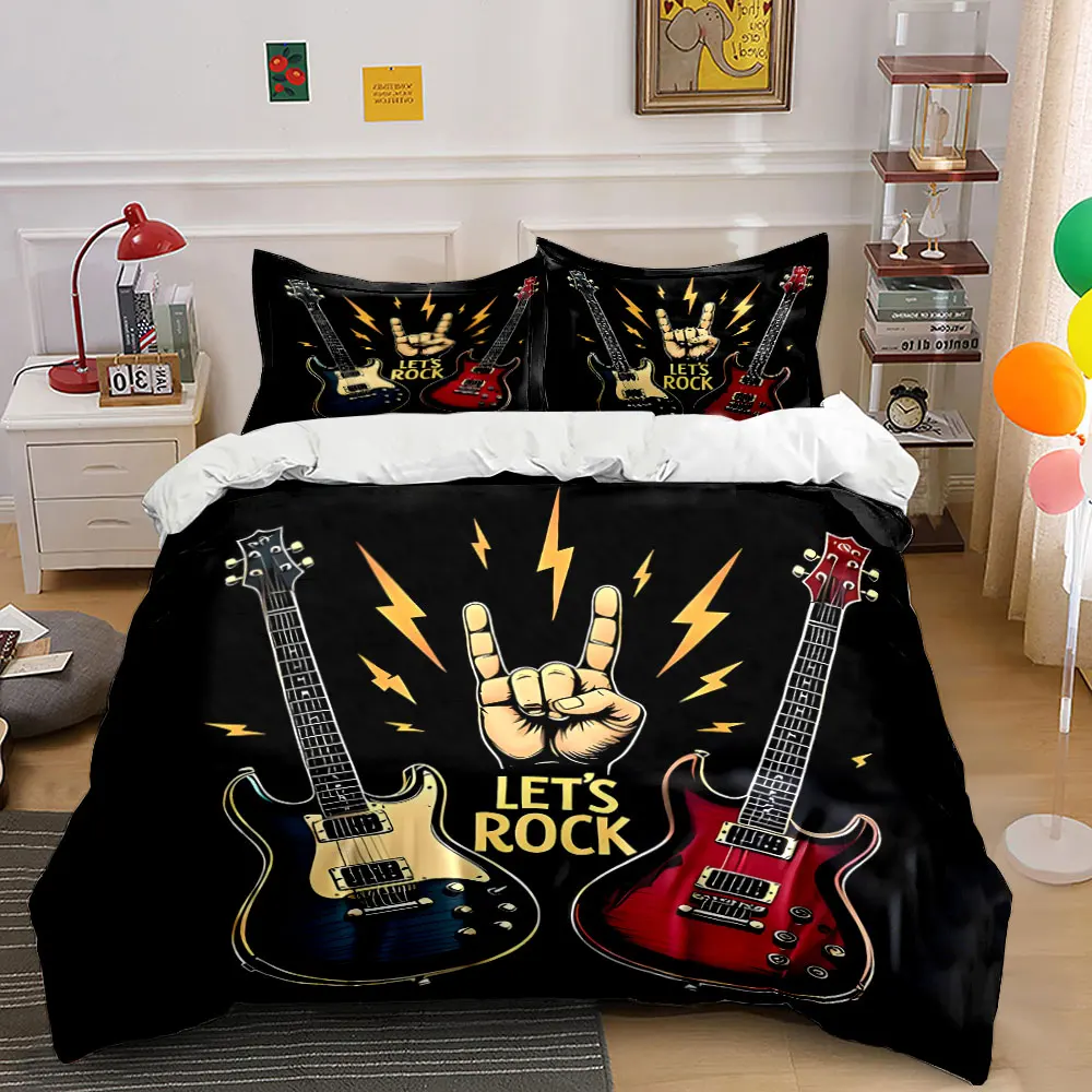 Rock guitars and devil gesture Print Bedding Set 1 Duvet Cover 2 Pillowcases for Adult and Children Luxury Gift Full Size