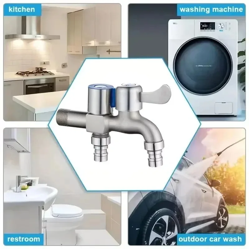 Stainless Steel Faucet Double Outlet Dual Control Water Tap One in Two Out Faucet 1/2