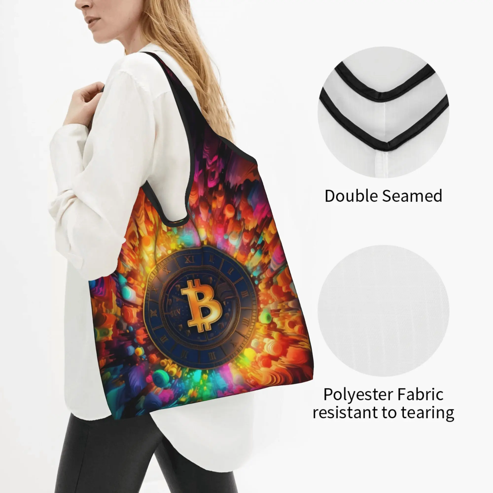 Crypto Virtual Currency Bitcoin  Grocery Shopping Tote Bags Women Funny  Shopper Shoulder Bags Big Capacity Handbags