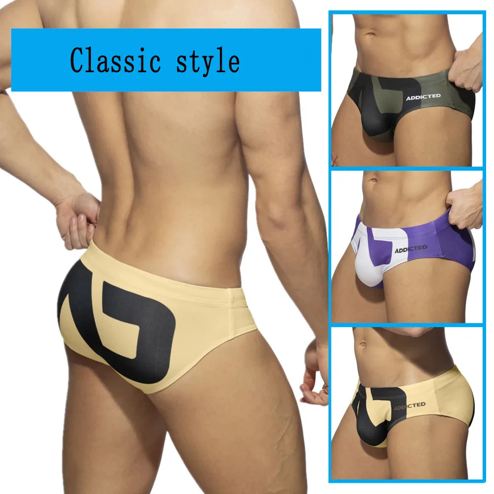 

Addicted new men's swimsuit fashion briefs sexy swimming trunks printed beach shorts
