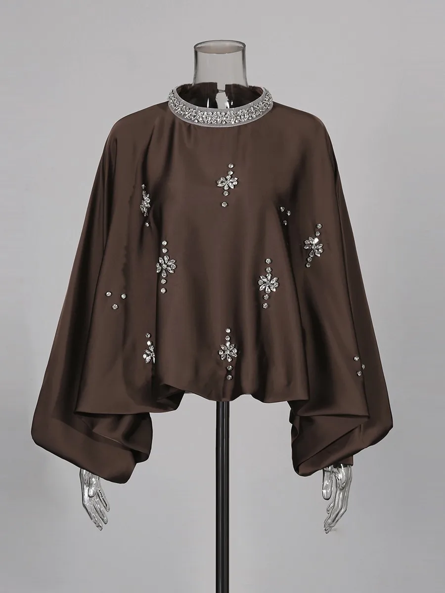 TWOTWINSTYLE Solido Allentato Impiombato Diamanti Camicette Eleganti per Le Donne O Collo Maniche Lunghe Camicetta Vintage Abbigliamento Moda Femminile