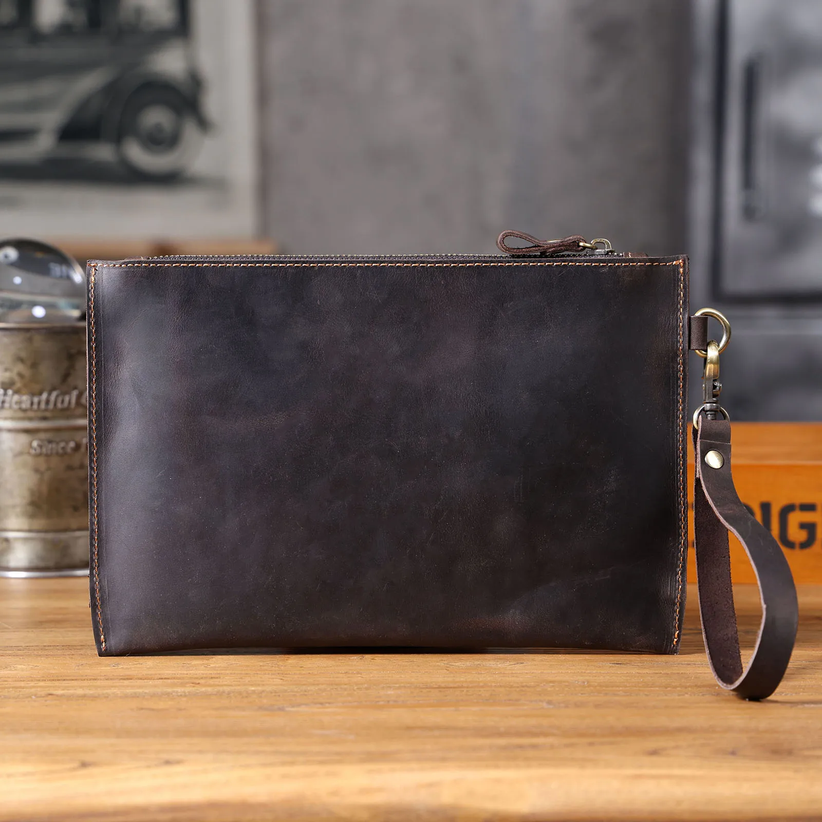 Vintage Echtleder Herren-Clutch-Tasche Lange Geldbörse für Männer Erstklassiges Leder Retro-Kartenhalter Handyhalter – Detail 10