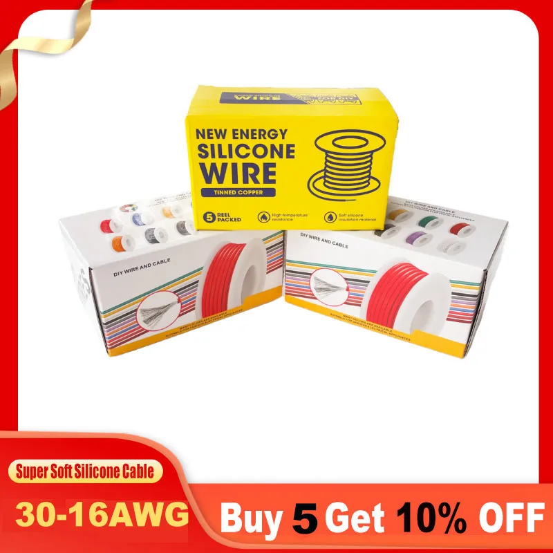 30awg-16awg silicone wires and cables 5 colours stranded tinned copper wire flexible and soft DIY connecting wires in boxes