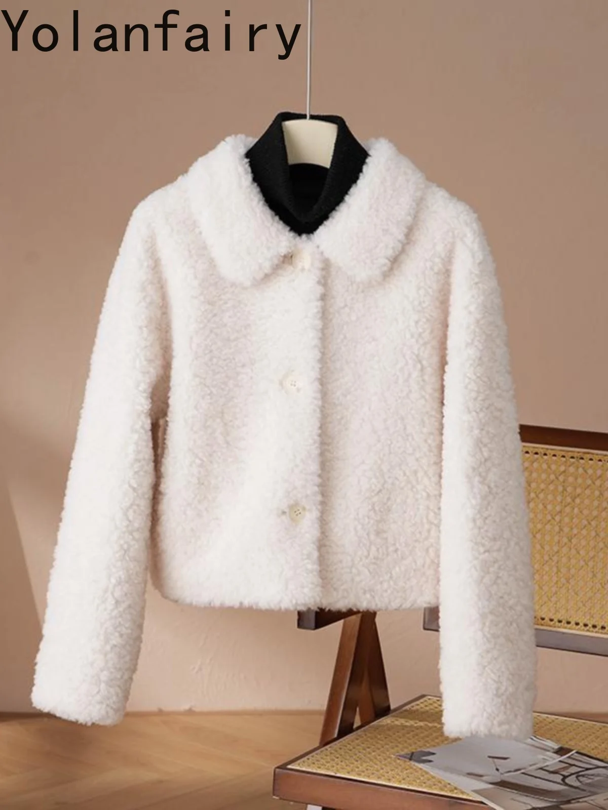 YOLANFAIRY Casual 100% Wool Coats for Women 2025 Winter Short Sheep Shearing Jacket Woman Lapel White Fur Coats Casaco Feminino