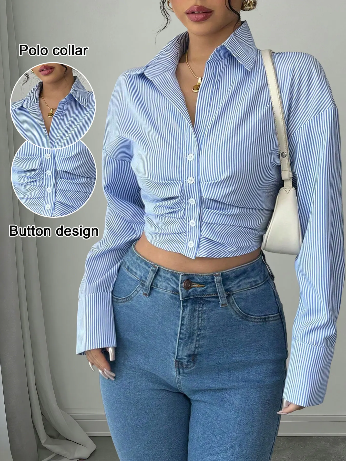 Lässiges, klassisches, gestreiftes, kurzplissiertes Langarmhemd für Damen, Frühlings- und Herbstmode, Damenbekleidung, bequem und stilvoll