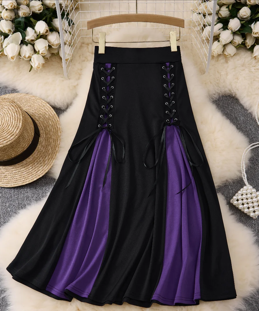 

Готическое платье ведьмы! Черная и фиолетовая юбка с контрастными цветными вставками и завышенной талией, длинное платье в ретро-стиле, визуально стройнящее фигуру.