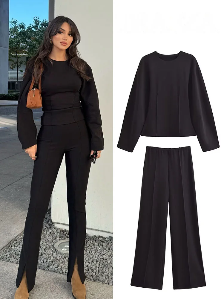 HH Women's New Fashion Slimming 2-Piece Set Double-Sided Fabric Round Neck Long-Sleeve Top+Elegant Stretch Casual Long Pants