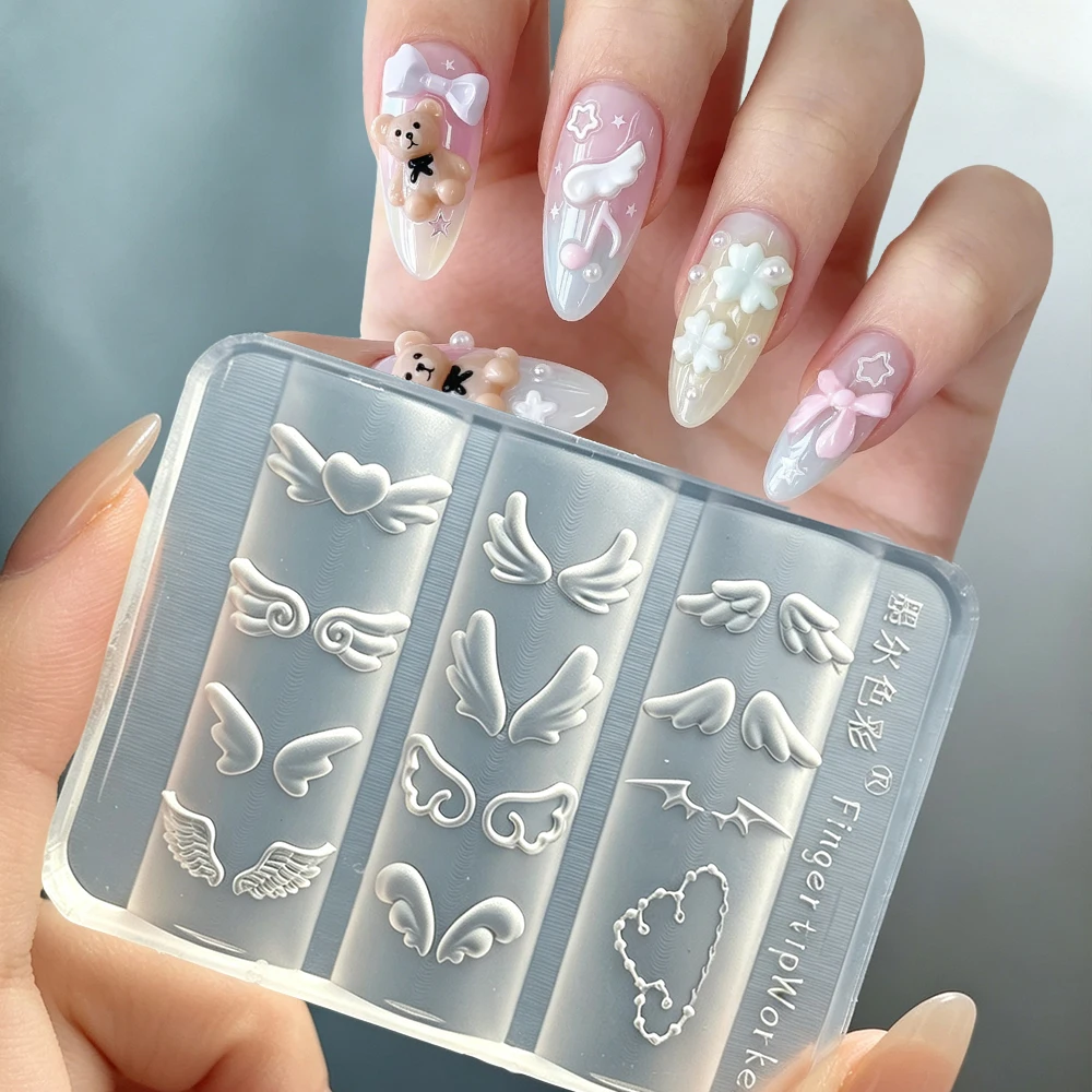3D Cute Wings Nail Art Silicone Mold Reusable Clear DIY Angel & Demon Wing Nail Carving Template Cupid Angel Wings Nail Stencils