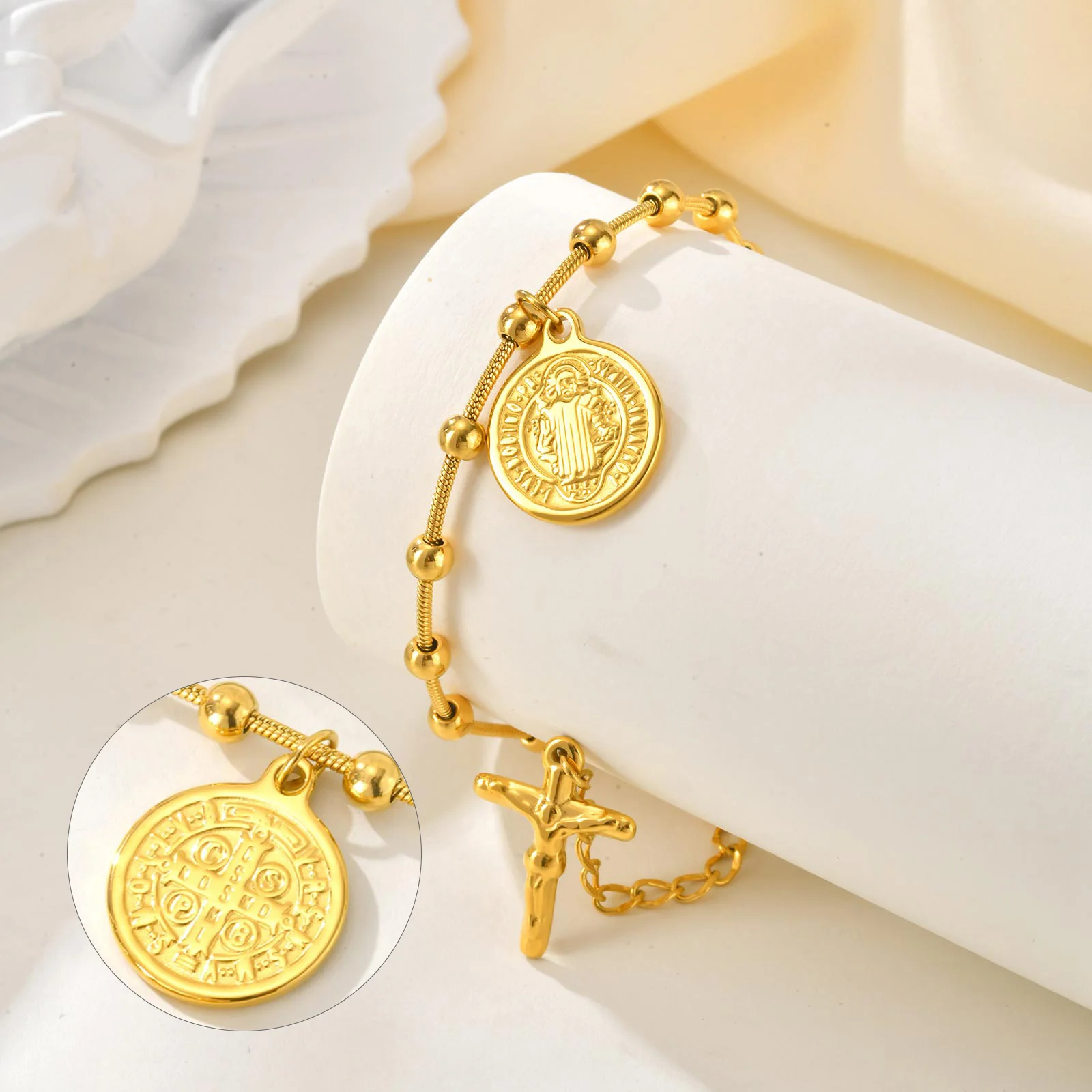 Vnox Stainless Steel Women's Rosary Bracelets, Saint Benedict Virgin Mary Jesus Cross Prayer Bracelet , Trendy Religion Jewelry