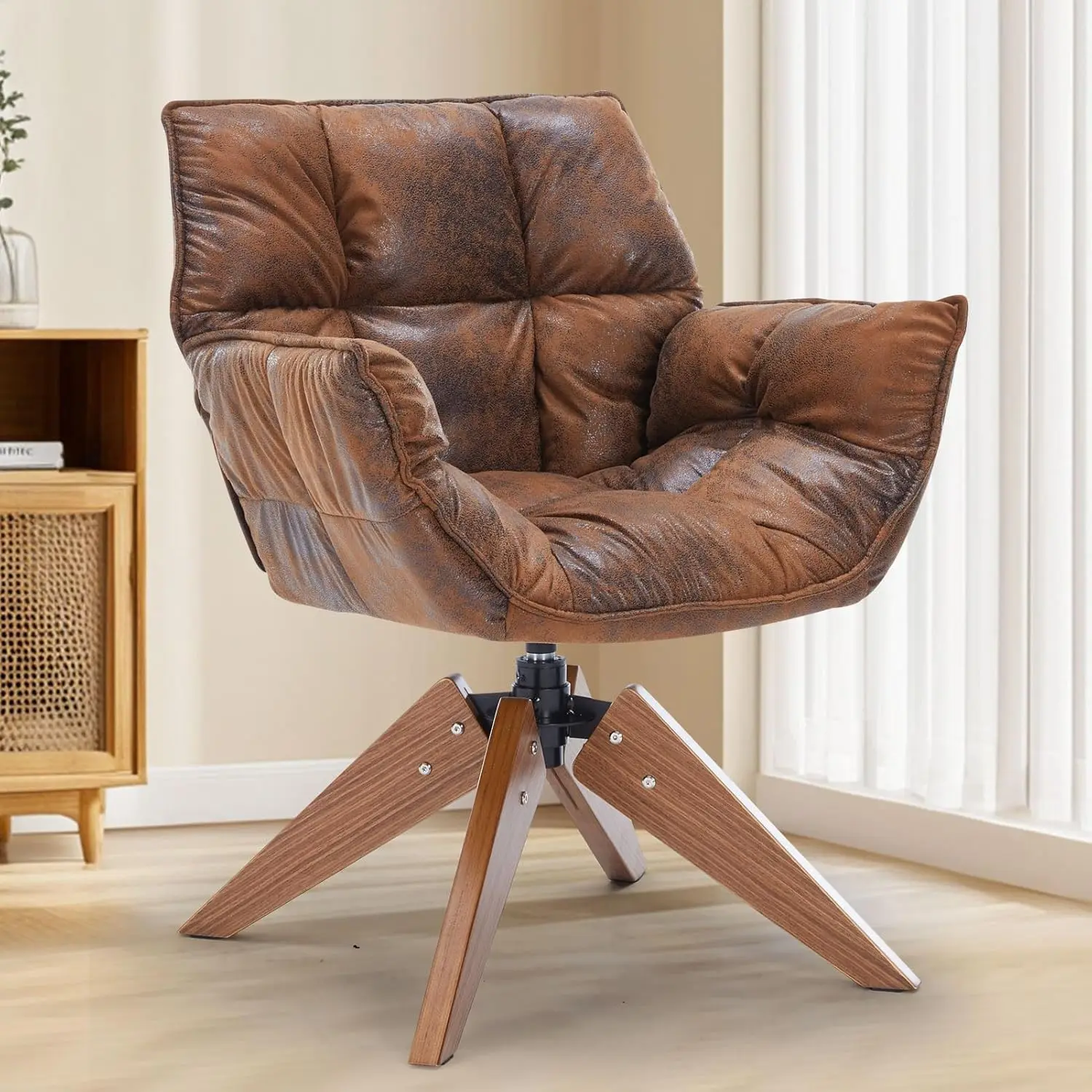 

Mid Century Accent Chair, Hot Stamping Cloth Desk Chair no Wheel, Modern Cozy Vanity Chair Advanced & Wear-Resistant with Amrest