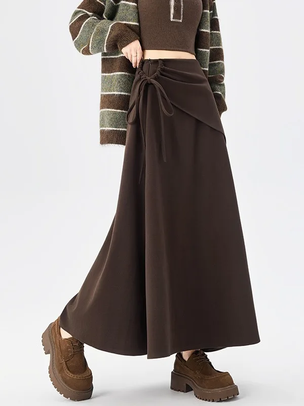 

Thiened Woolen A-Line Skirt Women's Winter Design Belted Korean Sle Comfortable Soft Polyester Long Skirt