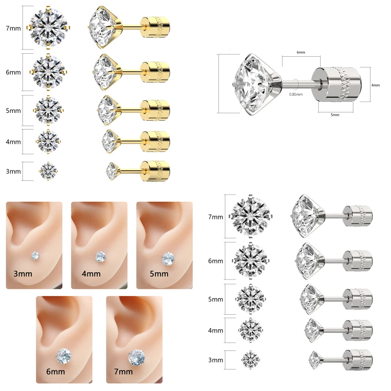 Stainless Steel Stud Earrings Classical New Zircon Design Screw-back White Color For Men Women For Choose 3/4/5/6/7MM