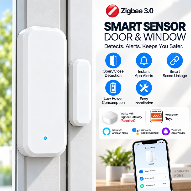 Zigbee 3.0 Door Window Sensor Wireless Contact Detector Battery Powered Smart Home Scene Linkage Remote Alert Via Smart Life APP