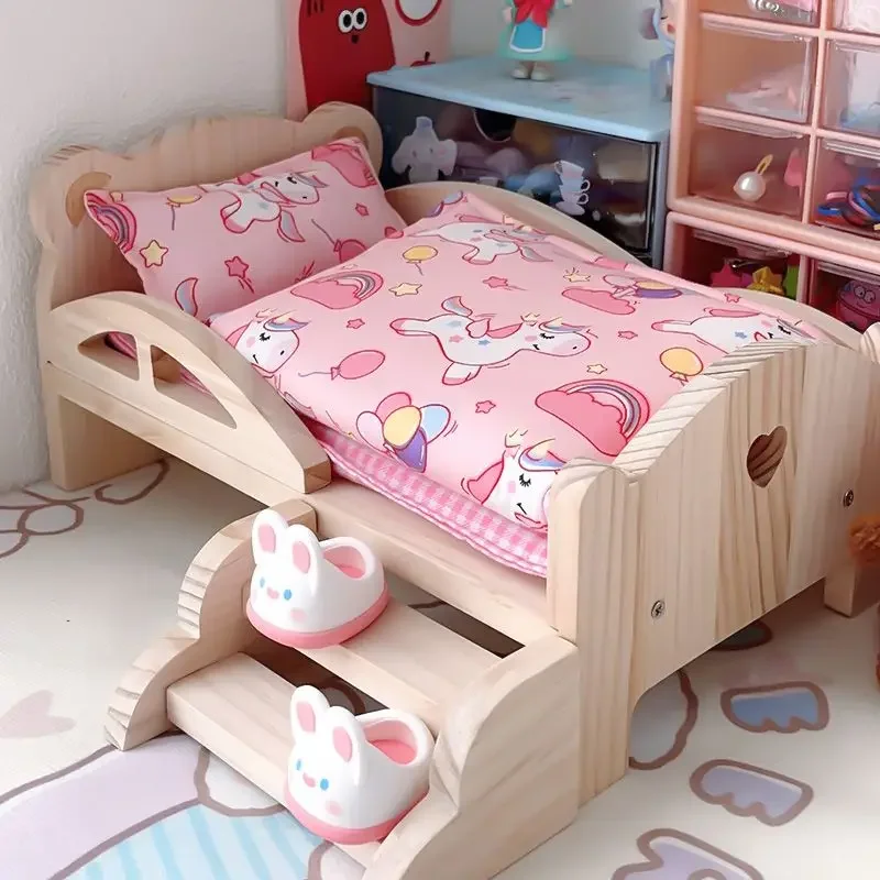 

Baby Doll Miniature Bed with Stairs Fashion Doll Play for 20cm 1/6 Doll Accessory Play House Furniture Set Dollhouse Decoration