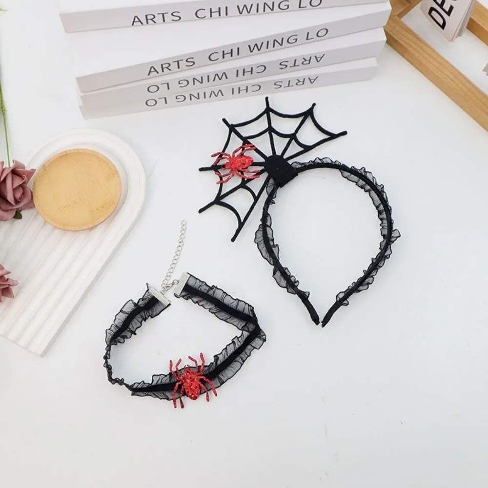 ตลกสีดําฮาโลวีนแถบคาดศีรษะ Ruffles ตาข่าย Hairband ชุดสร้อยคอคอสเพลย์ Props Hollow Spider Web Hairband ชาย/หญิง