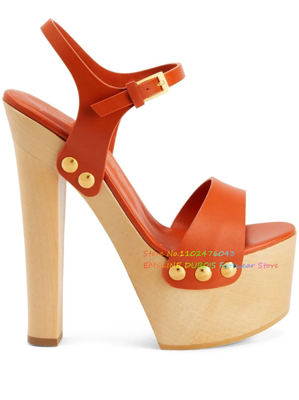 Wooden Block Heel Platform Sandals Ankle Buckle Strap Open Toe Orange Leather Black Nude Solid Fashion 2023 Summer Sandals