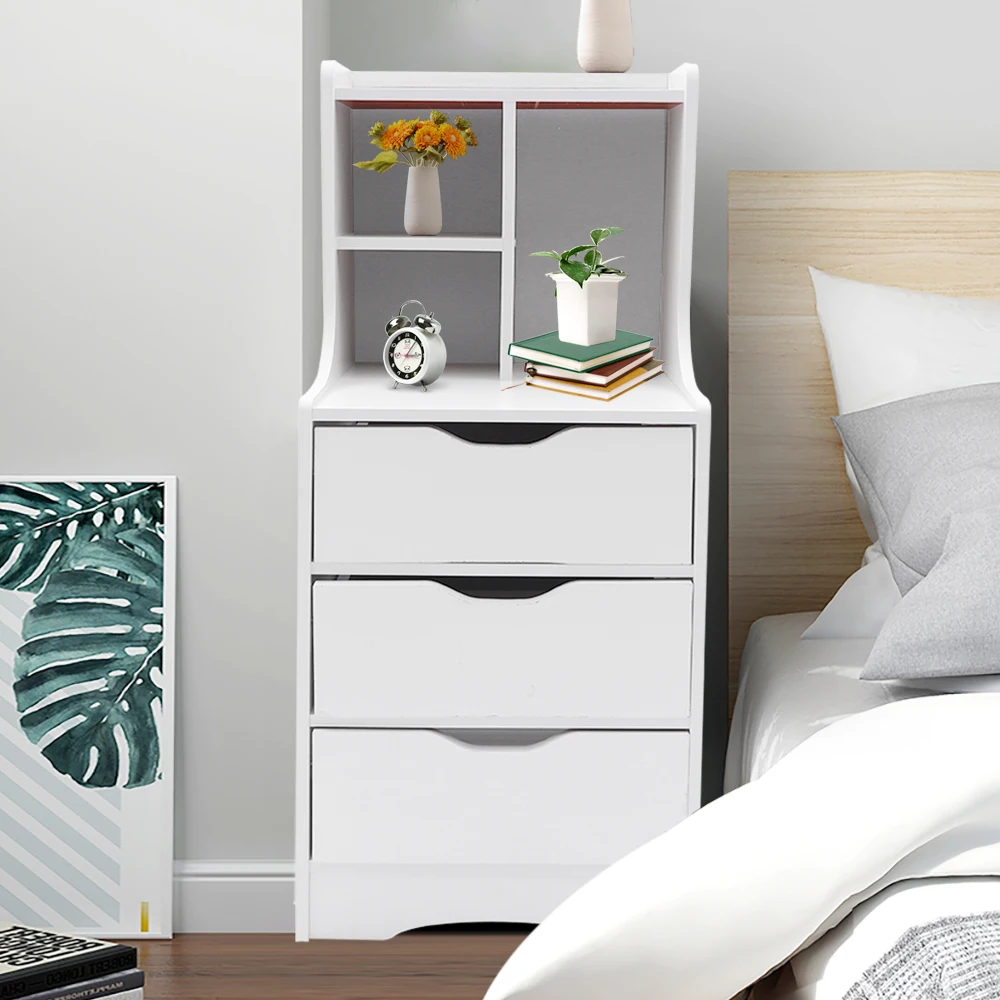 Nightstand สีขาวสไตล์ทันสมัยตู้เฟอร์นิเจอร์ห้องนอนโต๊ะข้างเตียงหรูหราพร้อมลิ้นชัก3อัน