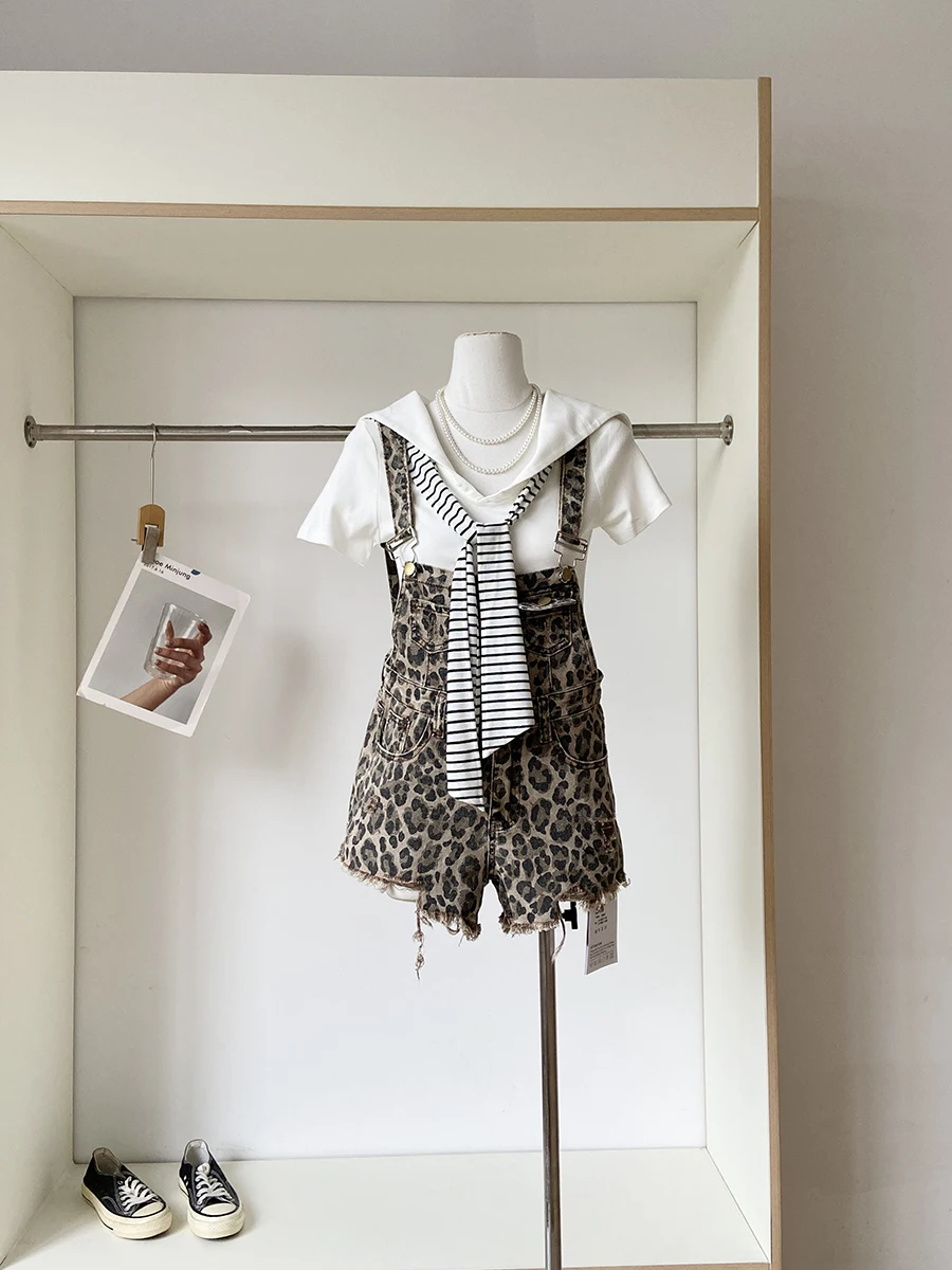 

Summer 2025 Korean Sle Leopard Print ter Onesie Women's Loose High Waist Denim Overalls Tummy Control Slimming Trendy