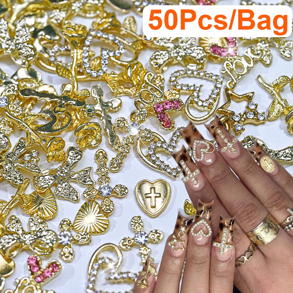 50pcs Luxury Nail Charms Gold Alloy Red Diamond Rhinestone 3D Heart Cross Nail Jewelry DIY Manicure Decorations Accessories