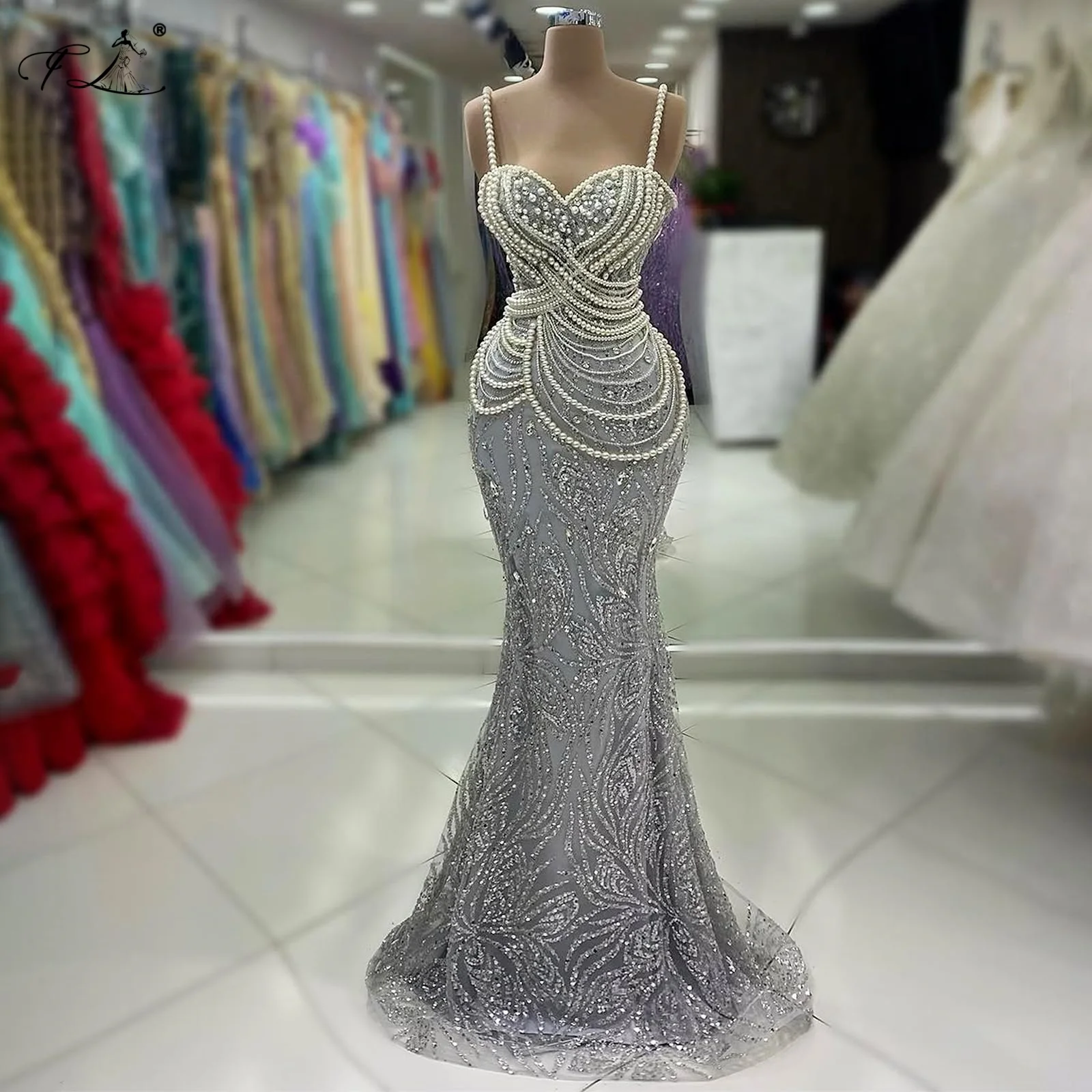Pearl Halter Evening Dress Grey Mermaid Dress Rhinestone Tassel Embellished Party Dress Prom Dress Holiday Dresses Customizable