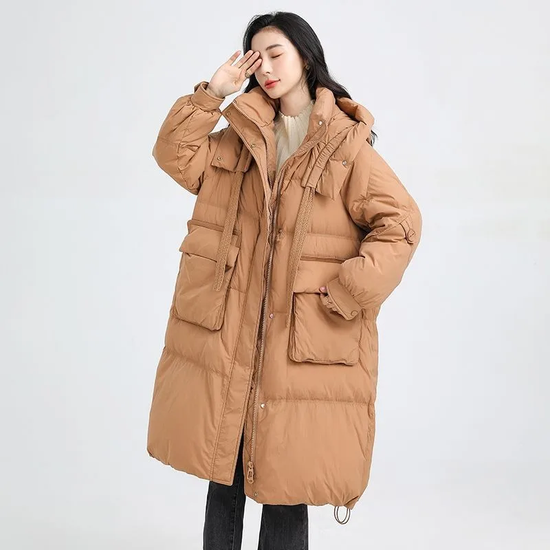 

Winter New Women Down Jacket Female Long Loose Hooded Parka Thickened Warm Casual Outwear Fashion Solid Color Casual Outcoat