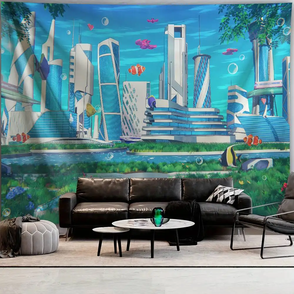Futuristic Underwater City Tapestry Colorful Tropical Fish Bubble Ocean Skyscraper Landscape Fantasy Seafloor Building Decor