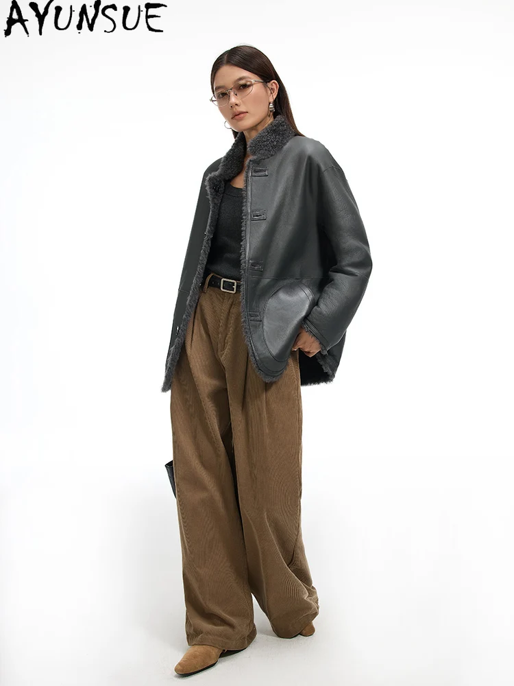 معطف فرو من جلد الغنم الطبيعي من AYUNSUE جاكيت نسائي من الجلد الطبيعي ملابس شتوية دافئة من الفرو الحقيقي للسيدات 2025 متوسط الطول شوبانا Жénska #2