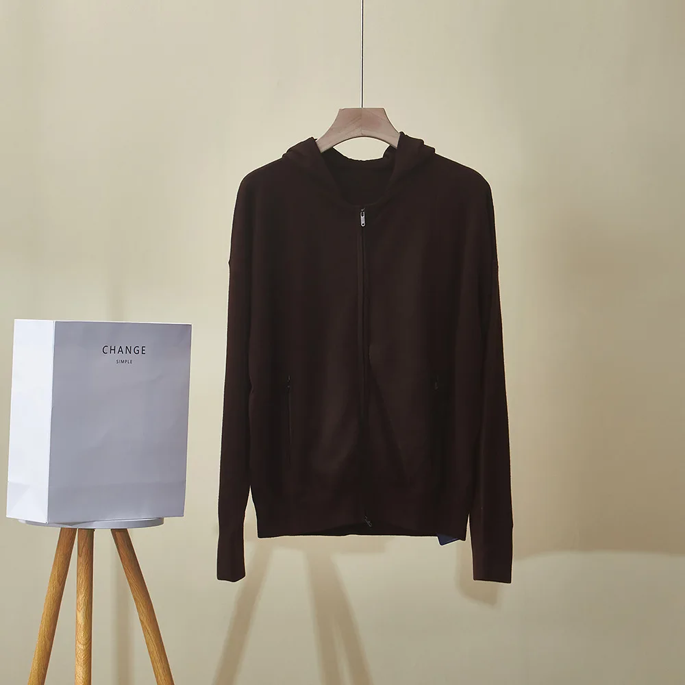 

Женский осенне-зимний новый шерстяной кардиган с капюшоном, двойной карман на молнии, шерстяной вязаный свитер, топ, плотное пальто