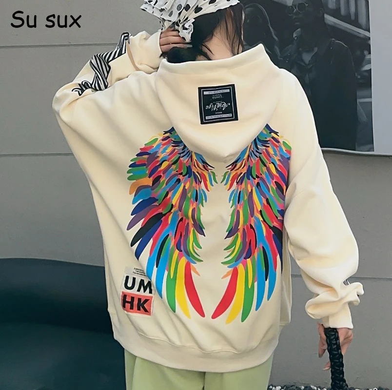 Graffiti Wing Oversized Pocket Hooded Sweatshirt Women Y2k Tops Clothes Casual Trend Loose Pullover Top Bust 132cm 2024 Autumn