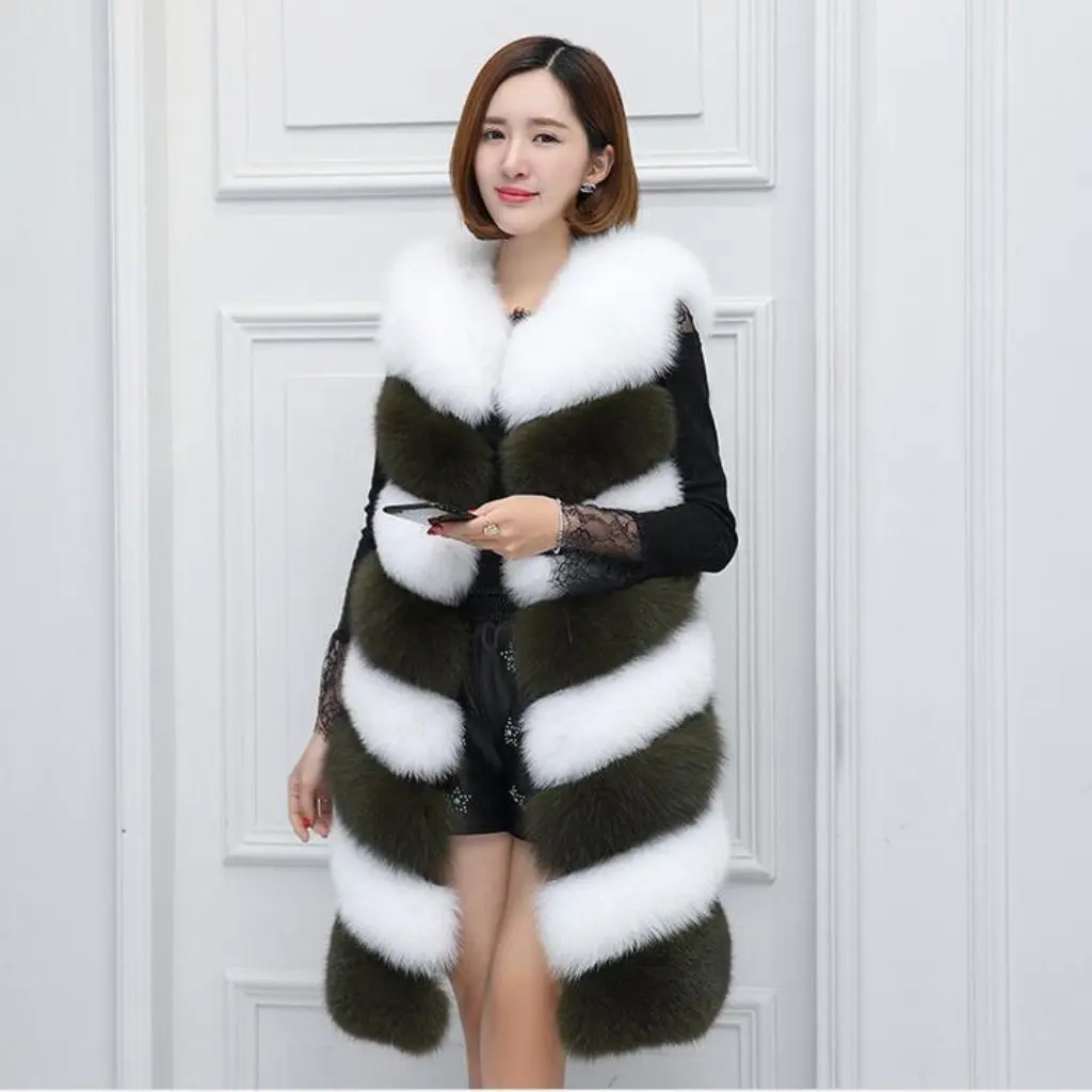 

Women's Korean Style Imitation Fox Fur Jacket Long Sleeveless Casual Work Clothing with Contrasting Stitching