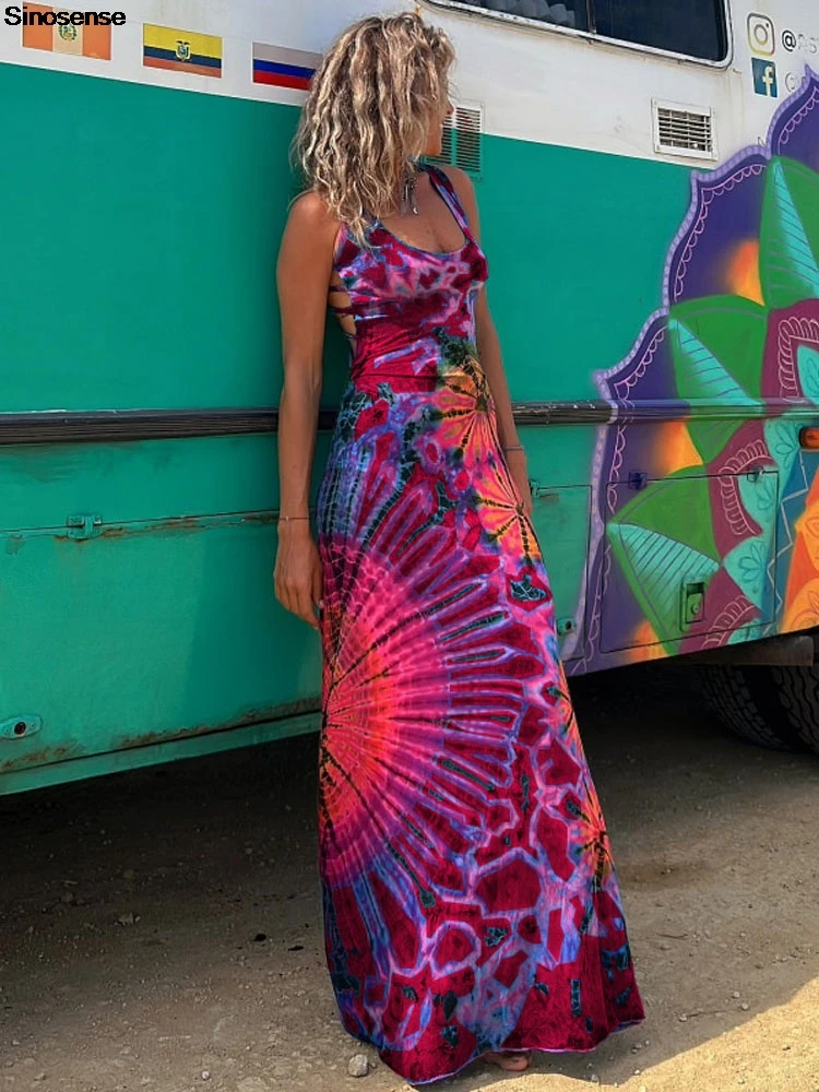 Dames Tie Dye Print Maxi Jurk Sexy Rugloze Criss Cross Terug Zomer Boho Strand Roeping Flowy Jurk Elegante Partij Formele Jurk