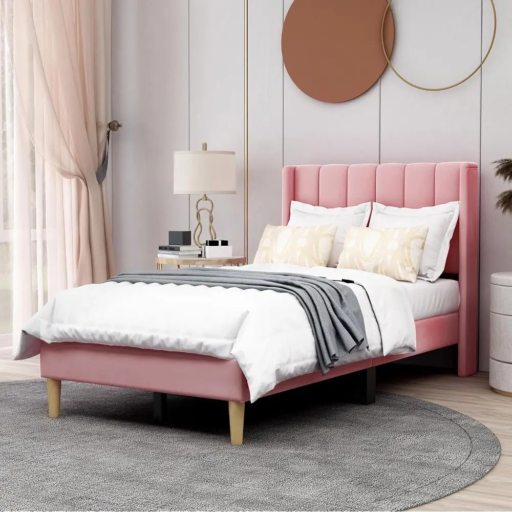 

Twin Size Upholstered Platform Bed with Wooden Slat Support, No Box Spring Needed, Easy Assembly, Pink Velvet