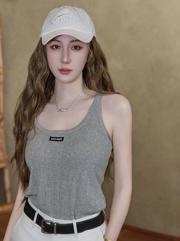 Gray Knitted Tank Top Women's Slim Fit Inner Wear Korean Style Design Summer New Arrival Fashion Commute Style Short Sleeve