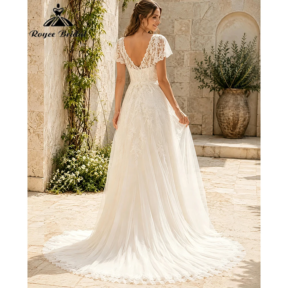 Boho Applique V Neck Elegant A Line Wedding Dresses 2027 Flowers Lace Beach Bridal Gown Customized vestido de novia