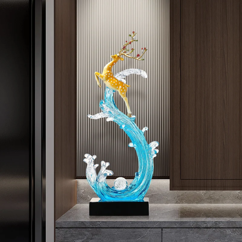 Leaping Spotted Stag Table Sculpture Transparent Blue Wave Frame Sphere Accent Dark Rectangle Base Indoor Display Craft Tiny
