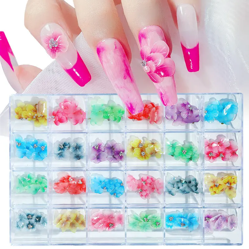 

120Pcs/box Handmade Side Acrylic Flower Nail Art 3D Manicure Gradient Corrugated Butterfly Petals Nail Rhinstone Accessories Kit