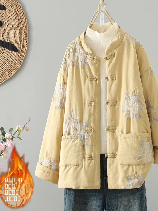 سترة القطن للسيدات من Ele مع تطريز فضفاض ومريح من مادة الكتان متعددة الاستخدامات، الاتجاه الوطني الصيني #2