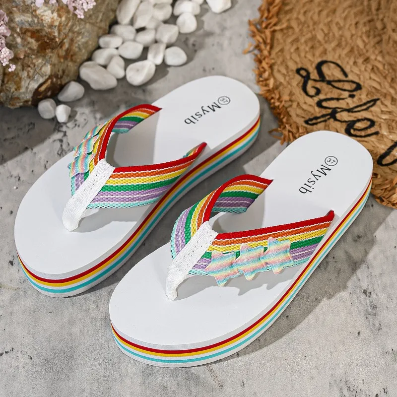 

Women's Rainbow Flip Flops Platform Slippers Summer Beach Sandals Colorful Striped Thong Shoes Casual Outdoor Zapatos De Mujer