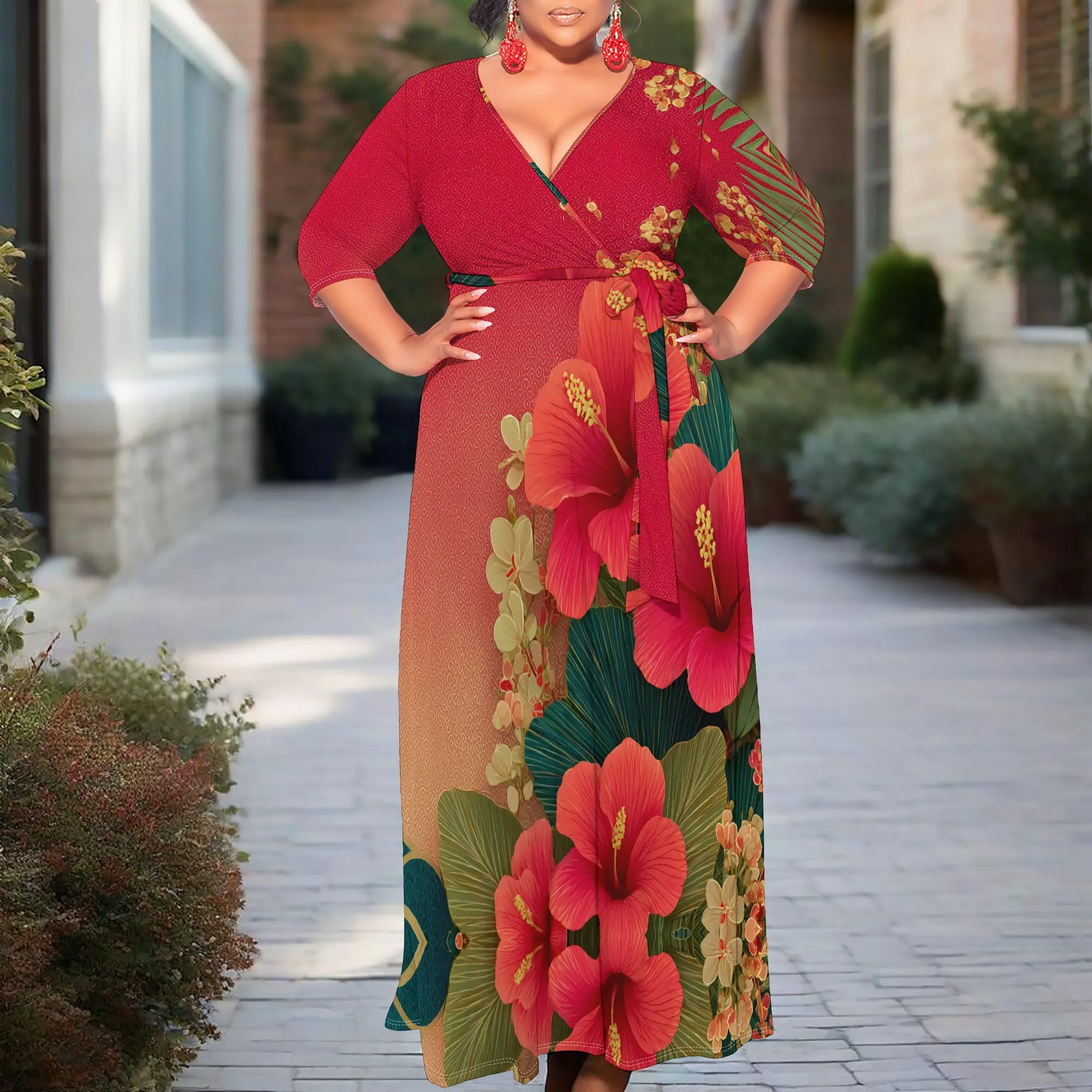 

Red Tropical Floral Plus Size Dress XL-6XL V-Neck Wrap Style with Belt & 3/4 Sleeves for Summer Wedding, Afro Fest or Beach Look